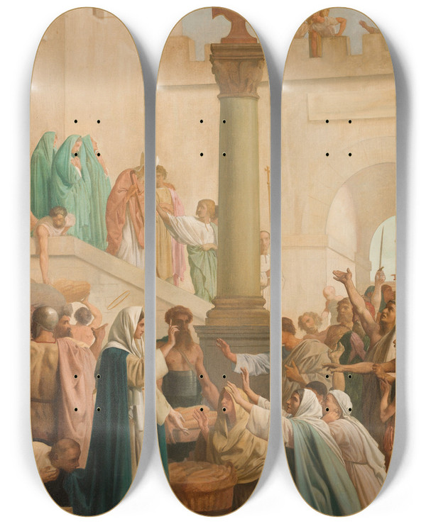 Triptych art skateboard deck of Louis Charles Timbal Sainte Genevive Distribuant Le Pain Aux Pauvres Pendant Le Sige De Paris by Louis Charles Timbal (1821-1880)