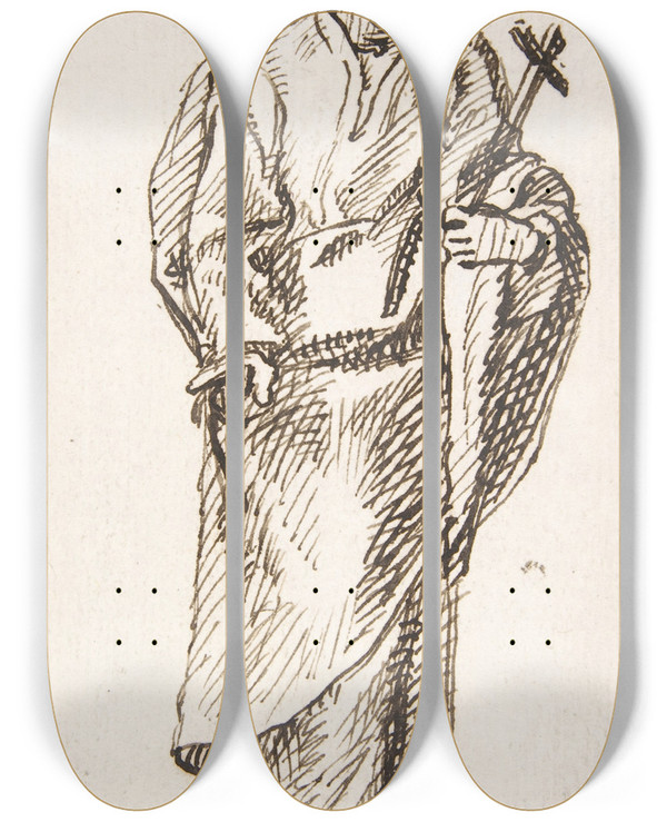 Triptych art skateboard deck of Pedro Duque Y Cornejo Standing Figure Holding Cross by Pedro Duque Y Cornejo (1677-1757)