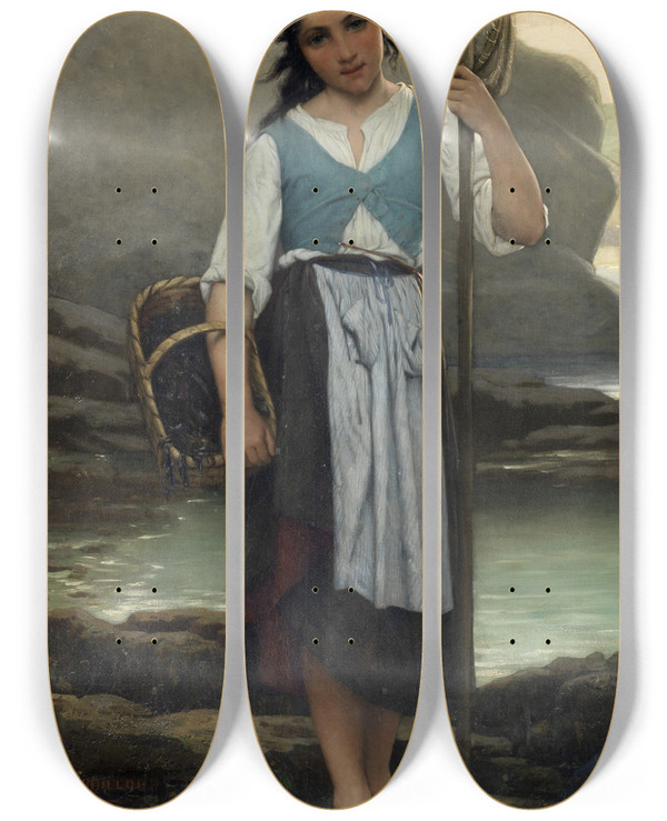 Triptych art skateboard deck of Alfred Guillou The Mussel Gatherer by Alfred Guillou (1844-1926)