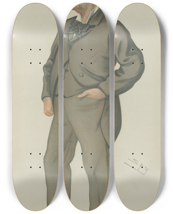 Triptych art skateboard deck of Leslie Matthew Ward Politicians Devonport Mr J H Puleston 14 October 1882 by Leslie Matthew Ward (1851-1922)