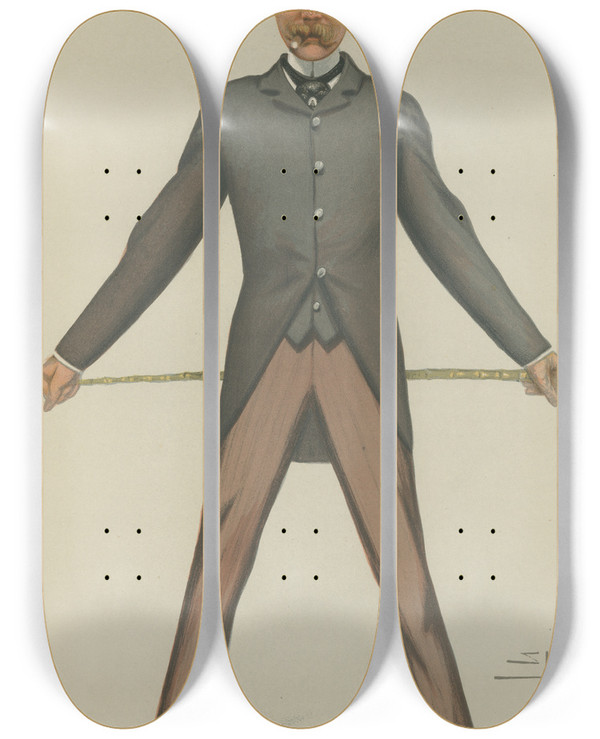 Triptych art skateboard deck of Leslie Matthew Ward Sports Miscellaneous Sport Riders A Cunarder Sir Bache Edward Cunard February 5 1881 by Leslie Matthew Ward (1851-1922)