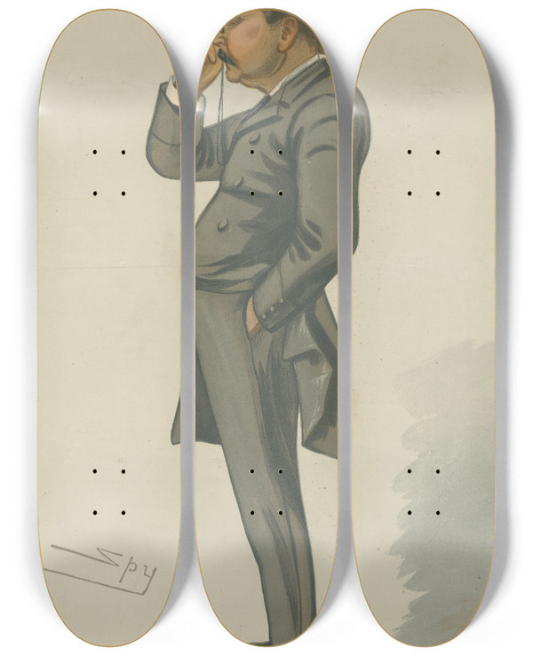 Triptych art skateboard deck of Leslie Matthew Ward Theatre The Sensation Drama Mr Dion Boucicault December 16 1882 by Leslie Matthew Ward (1851-1922)