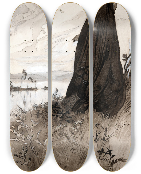 Triptych art skateboard deck of Carl Larsson Illustration To Singoallathe Wind Is My Lover By Viktor Rydberg_4 by Carl Larsson (1853-1919)