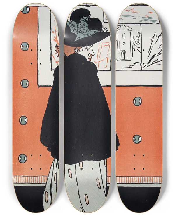 Triptych art skateboard deck of Ren Georges Hermannpaul At The Exhibition by Rene Georges Hermann Paul (1874-1940)