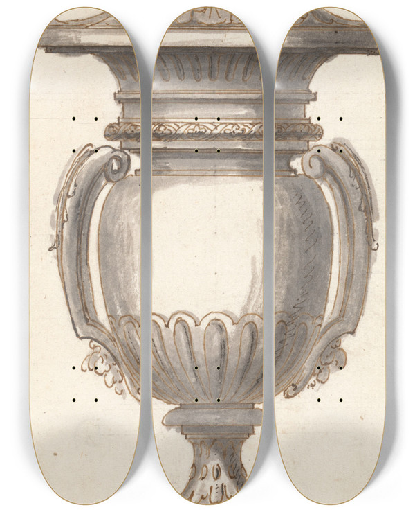 Triptych art skateboard deck of Joseph Wilton Design For A Vase by Joseph Wilton (1722-1803)