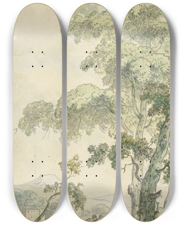 Triptych art skateboard deck of Jurriaan Andriessen Ontwerp Voor Kamerbehangsel Met Landschap Met Kar by Jurriaan Andriessen (1742-1819)