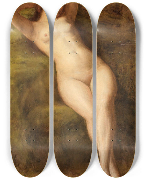 Triptych art skateboard deck of Auguste Levque Female Nude_1 by Auguste Leveque (1866-1921)