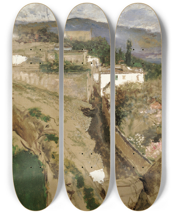 Triptych art skateboard deck of Mariano Fortuny Marsal Granada Landscape by Mariano Fortuny Marsal (1838-1874)