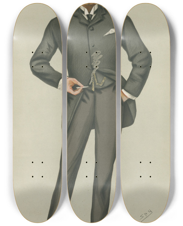 Triptych art skateboard deck of Leslie Matthew Ward Politicians The Baronesss Husband Mr William Lehman Ashmead Burdettcontts Barlett March 12 1881 by Leslie Matthew Ward (1851-1922)