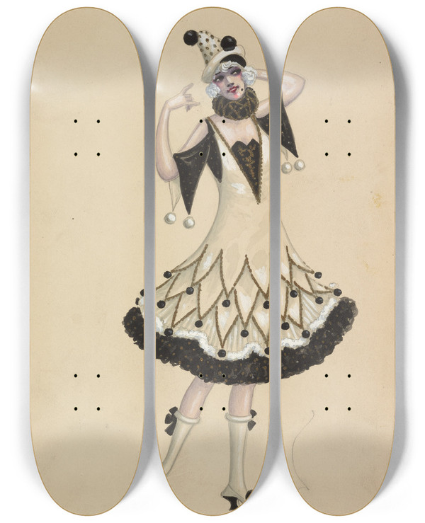 Triptych art skateboard deck of Will R Barnes Pierrette by Will R Barnes (1939)