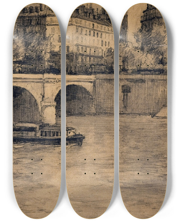 Triptych art skateboard deck of Eugne Bjot Le Pont Notredame Et La Tour Saintjacques by Eugene Bejot (1867-1931)