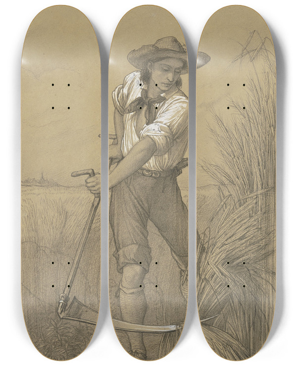 Triptych art skateboard deck of Eduard Von Steinle Reaper Summer by Eduard Von Steinle (1810-1886)
