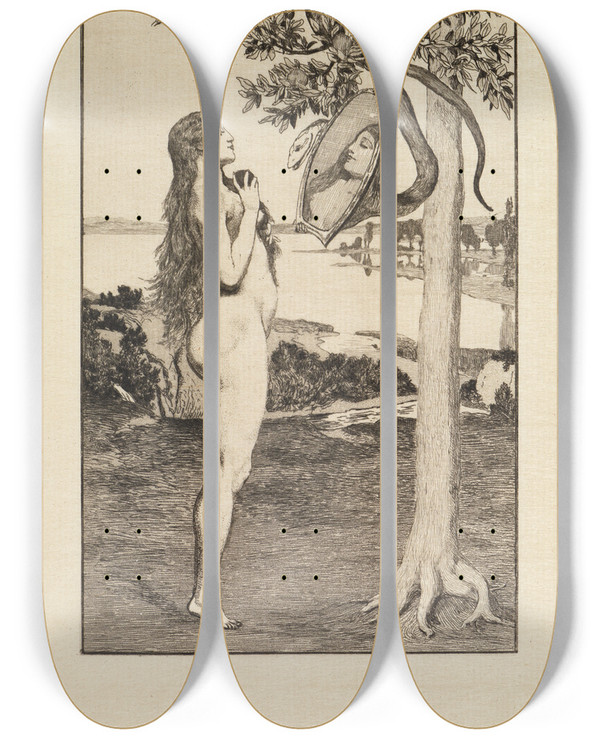 Triptych art skateboard deck of Max Klinger Die Schlange Eva Und Die Zukunft Opus Iii Blatt 3 by Max Klinger (1857-1920)