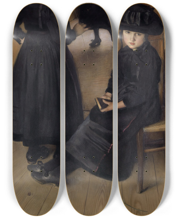 Triptych art skateboard deck of Charles Giron Girls Of The Valais Before Churchgoing by Charles Giron (1850-1914)