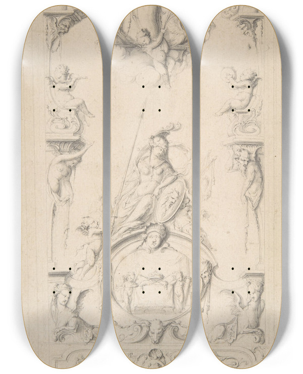 Triptych art skateboard deck of Jean Bernard Toro Study For An Ornamental Panel by Jean Bernard Toro (1672-1731)