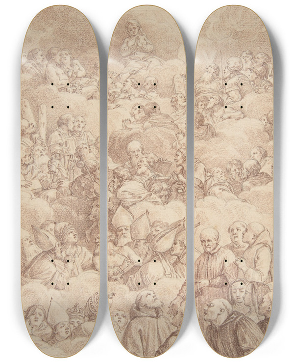 Triptych art skateboard deck of Charles Nicolas Cochin Ii The Company Of Saints In Glory by Charles Nicolas Cochin Ii (1715-1790)