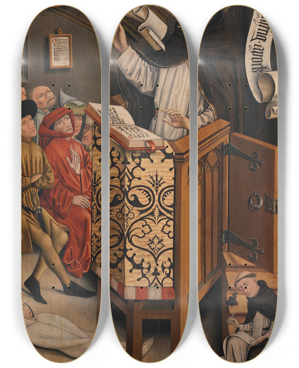 Triptych art skateboard deck of Friedrich Walther Sermon Of Saint Albertus Magnus by Friedrich Walther (1440-1494)