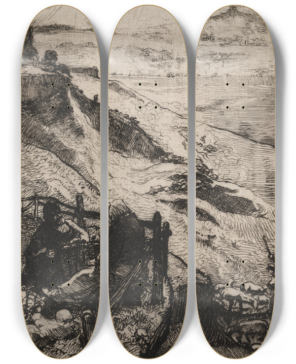 Triptych art skateboard deck of Auguste Louis Lepre Carrieres Damrique Pres Paris by Auguste Louis Lepere (1849-1918)