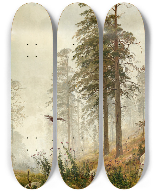 Triptych art skateboard deck of Andrei Nikolaevich Shilder A Misty Morning Near Saint Petersburg by Andrei Nikolaevich Shilder (1861-1919)