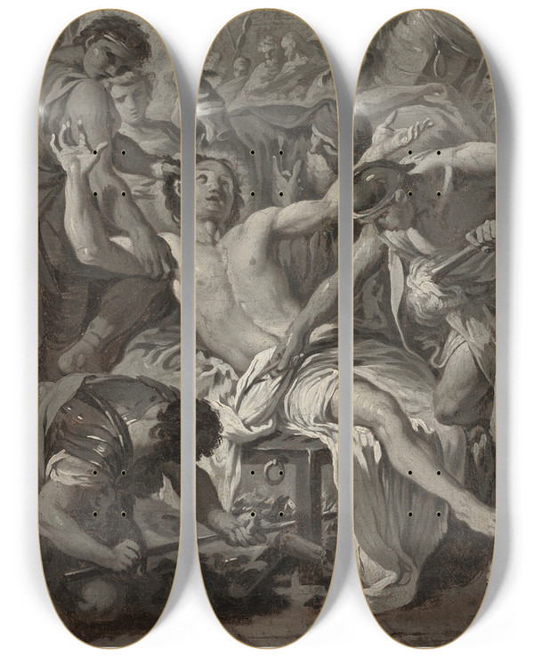 Triptych art skateboard deck of Giovanni Battista Pittoni The Martyrdom Of Saint Lawrence by Giovanni Battista Pittoni (1687-1767)