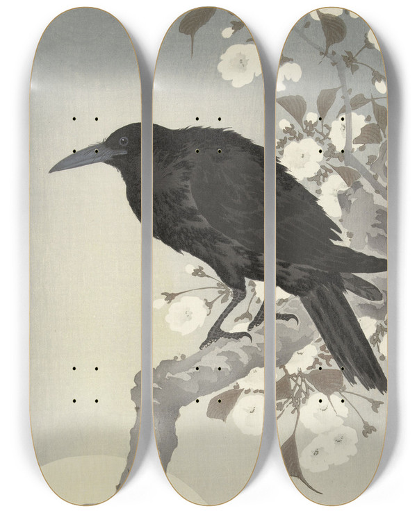 Triptych art skateboard deck of Ohara Koson Crow At Full Moon by Ohara Koson (1877-1945)