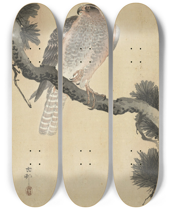 Triptych art skateboard deck of Ohara Koson Hawk On Pine Branch by Ohara Koson (1877-1945)