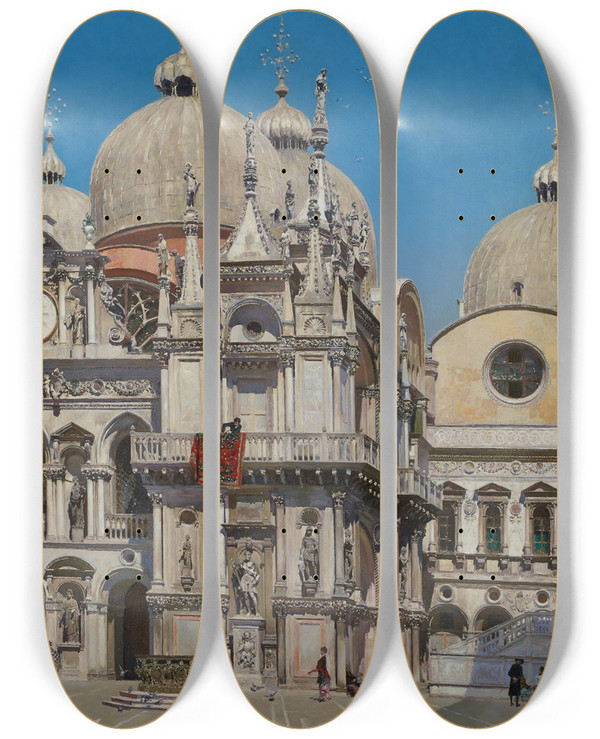 Triptych art skateboard deck of Martin Rico Y Ortega Courtyard Of The Palace Of The Dux Of Venice by Martin Rico Y Ortega (1833-1908)