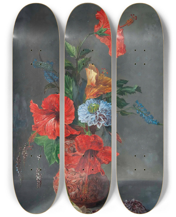 Triptych art skateboard deck of Jos Mara Bracho Murillo Hibiscus Freesias Dahlias And Bluebells On A Marble Topped Sideboard by Jose Maria Bracho Murillo (1827-1882)