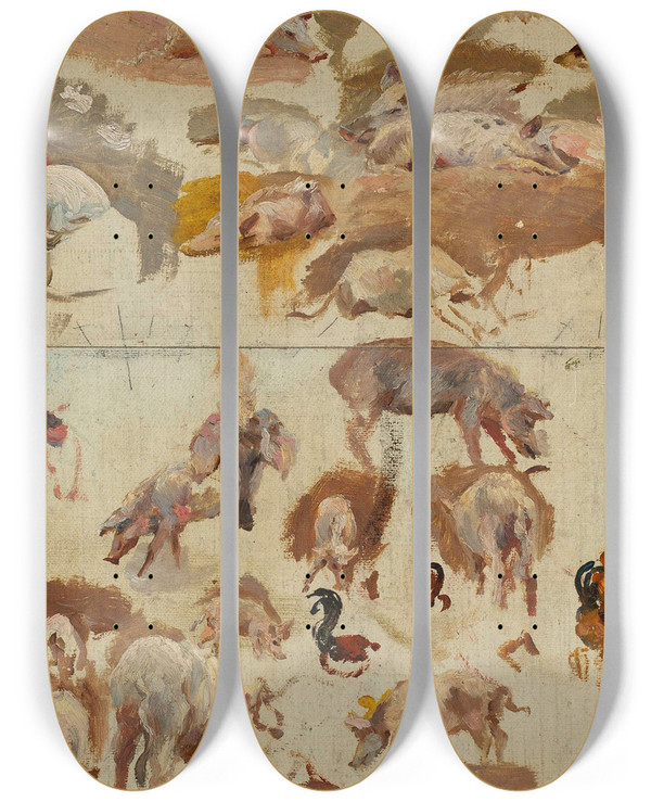 Triptych art skateboard deck of Maria Klasskazanowska Studies Of Pigs by Maria Klass-Kazanowska (1857-1898)