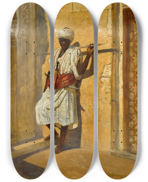 Triptych art skateboard deck of Ludwig Hans Fischer The Guard by Ludwig Hans Fischer (1848-1915)