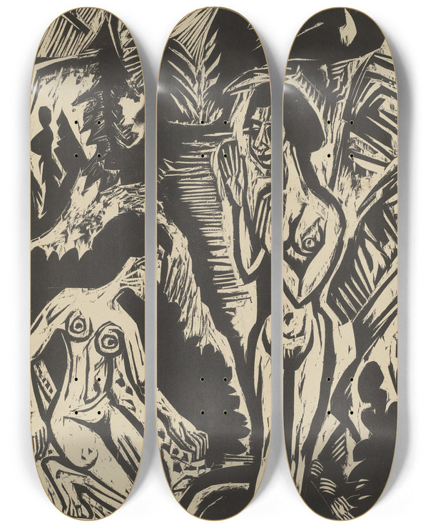 Triptych art skateboard deck of Ernst Ludwig Kirchner Zwei Badende Frauen Im Felsenbach by Ernst Ludwig Kirchner (1880-1938)