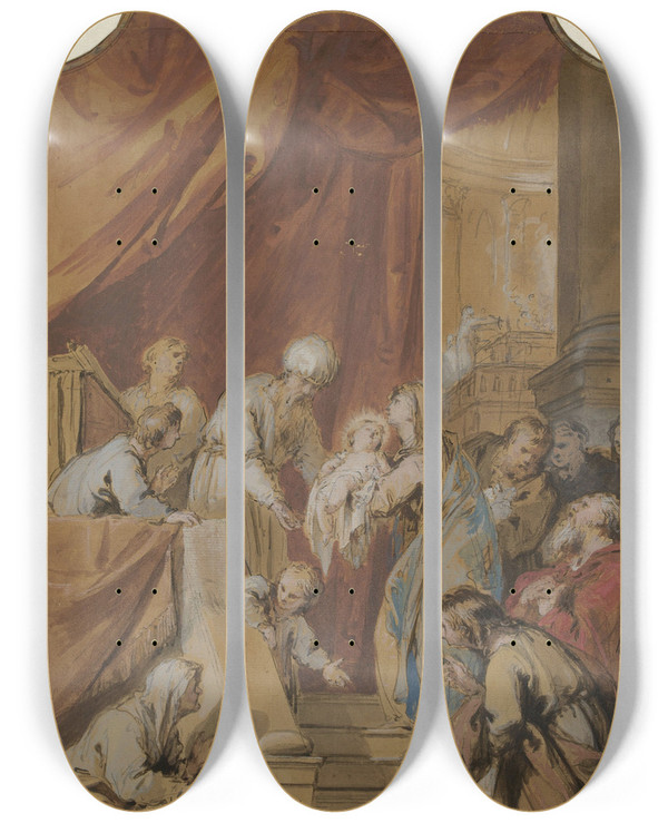 Triptych art skateboard deck of Jacob De Wit De Opdracht In De Tempel by Jacob de Wit (1695-1754)