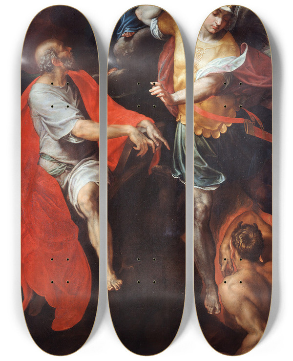 Triptych art skateboard deck of Giovanni Ambrogio Figino Madonna And Child And St John The Evangelist And St Michael by Ambrogio Giovanni Figino (1548-1608)