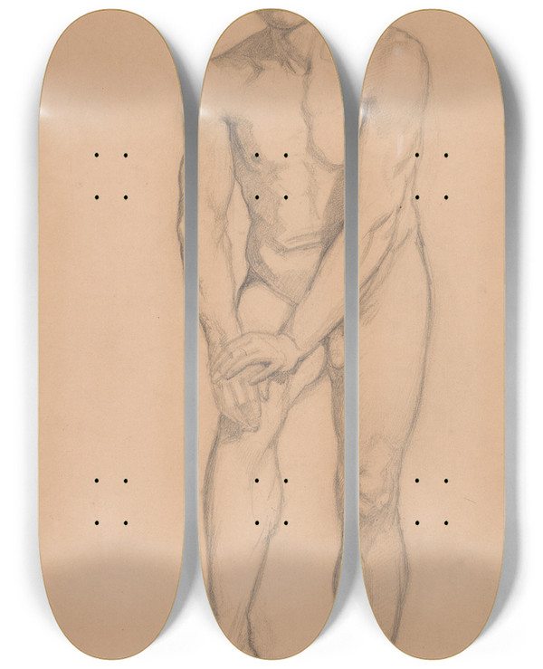 Triptych art skateboard deck of Jzef Simmler Study Of A Nude Male_7 by Jozef Simmler (1823-1868)