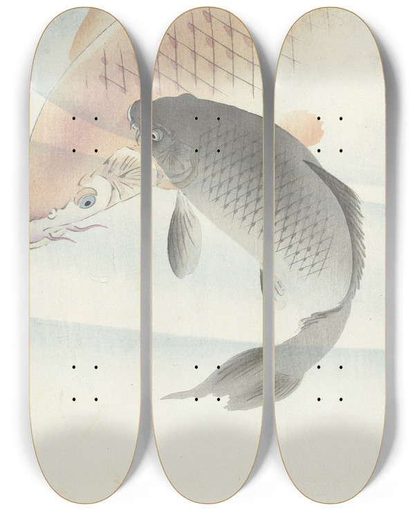 Triptych art skateboard deck of Ohara Koson Two Carps_2 by Ohara Koson (1877-1945)