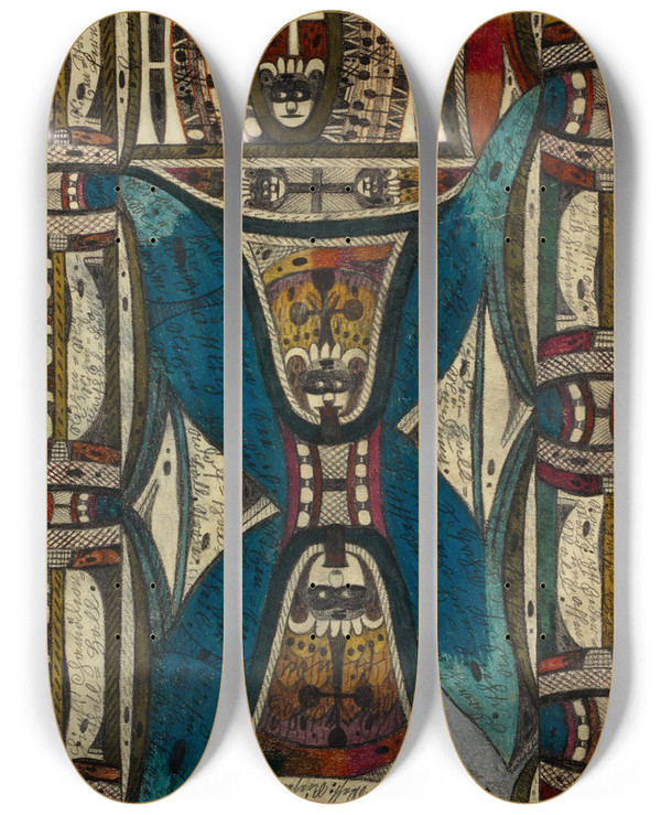 Triptych art skateboard deck of Adolf Wlfli Der Zntrumsbcher Zeigt Den Plahn Der Beiden Chineesischen Halbinselriesenstdte Zungaost Und Zungawest by Adolf Wolfli (1864-1930)