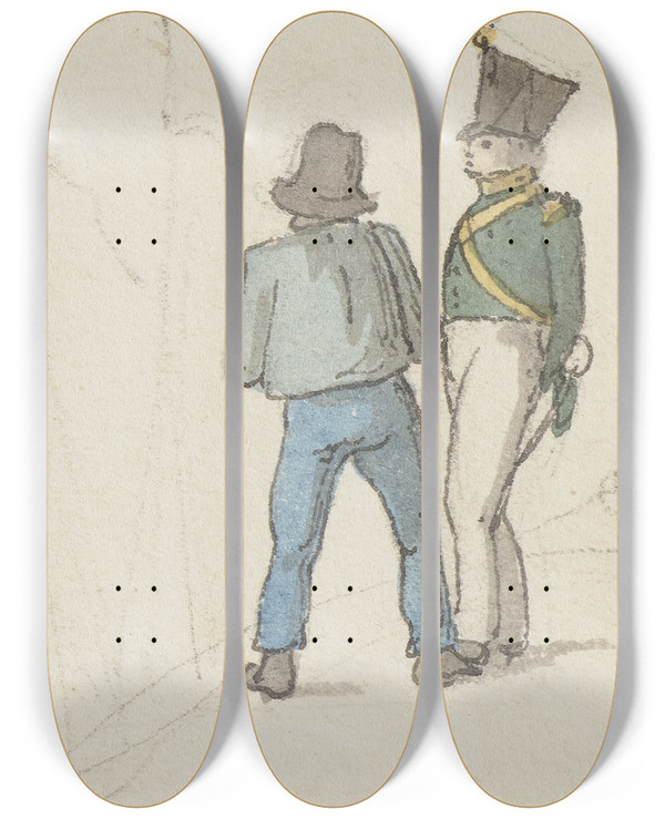 Triptych art skateboard deck of Jakob Frchtegott Dielmann Nassauer Soldat Und Ein Bauer by Jakob Furchtegott Dielmann (1809-1885)