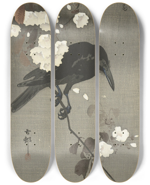 Triptych art skateboard deck of Ohara Koson Crow With Cherry Blossom by Ohara Koson (1877-1945)