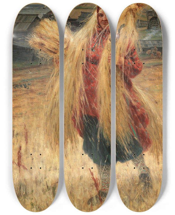 Triptych art skateboard deck of Nikolai Avenirovich Shabunin After The Hay Harvest by Nikolai Avenirovich Shabunin (1866-1907)