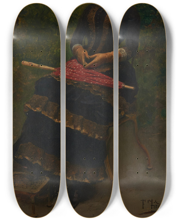 Triptych art skateboard deck of Fernando Tirado Waiting In The Park by Fernando Tirado (1862-1907)