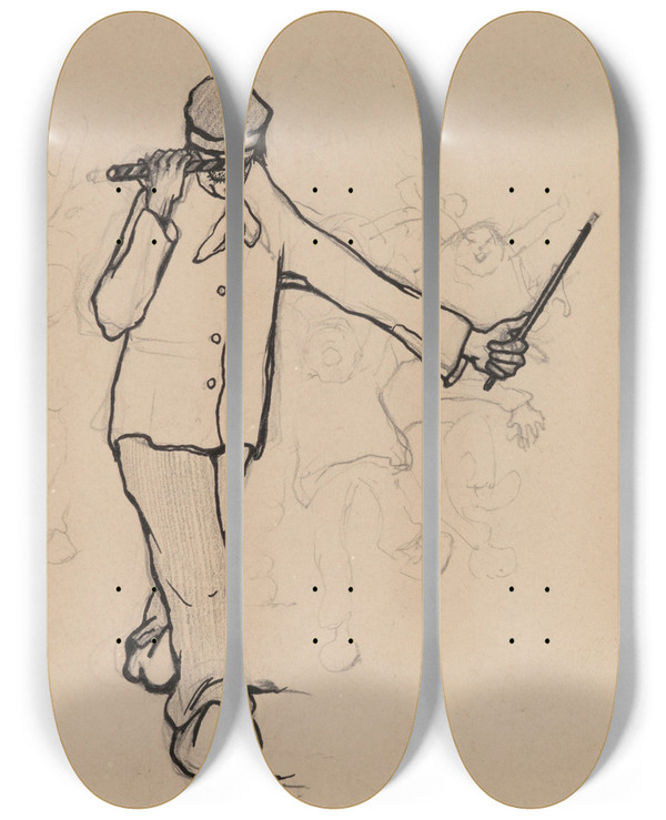 Triptych art skateboard deck of Karel Collens Pied Piper Of Hamelin by Karel Collens (1869-1901)