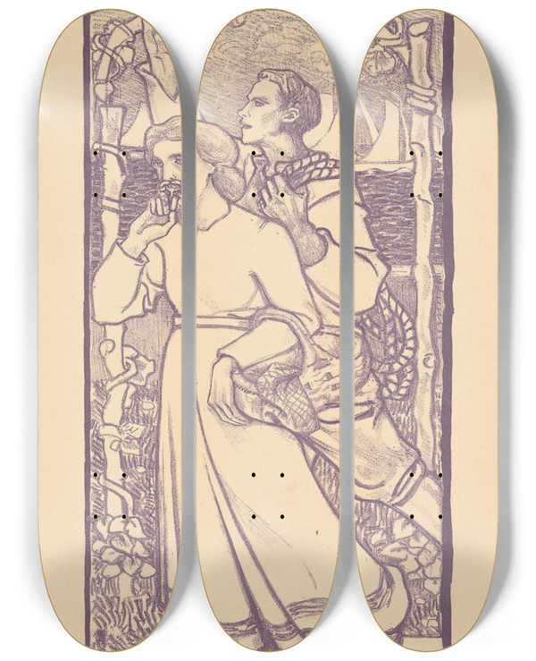 Triptych art skateboard deck of Richard Nicolas Roland Holst Meisje Met Een Mand En Jongen Met Een Touw_2 by Richard Nicolaus Roland Holst (1868-1938)