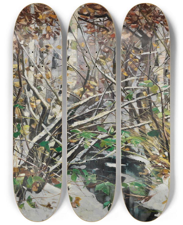Triptych art skateboard deck of Karl Hagemeister Verschneiter Birkenwald An Einem Bachlauf by Karl Hagemeister (1848-1933)
