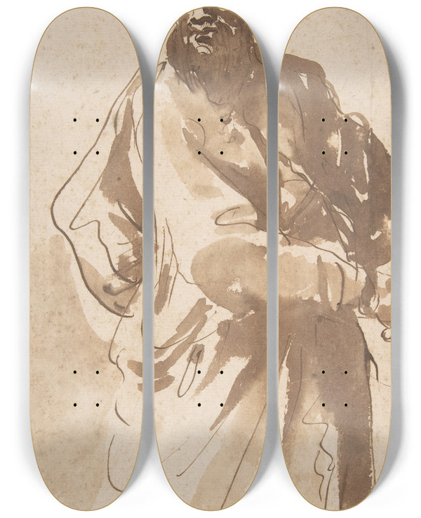 Triptych art skateboard deck of Pier Francesco Mola Figure Of A Man by Pier Francesco Mola (1612-1666)