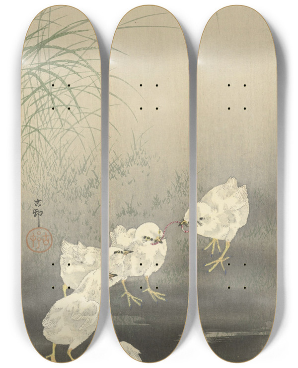 Triptych art skateboard deck of Ohara Koson Chicks And Worm by Ohara Koson (1877-1945)