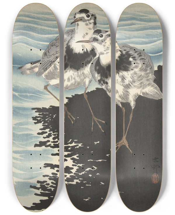 Triptych art skateboard deck of Ohara Koson Large Knot Sandpipers by Ohara Koson (1877-1945)