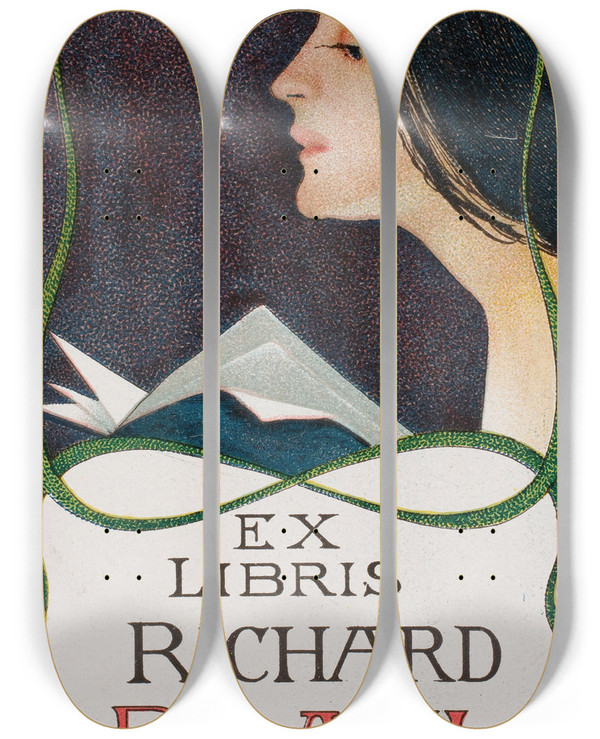 Triptych art skateboard deck of Otto Tragy Bookplate Of Richard Blaul by Otto Tragy (1866-1928)