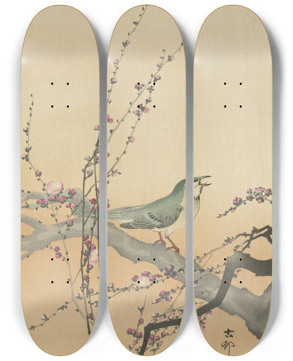 Triptych art skateboard deck of Ohara Koson Songbird And Plum Blossom by Ohara Koson (1877-1945)