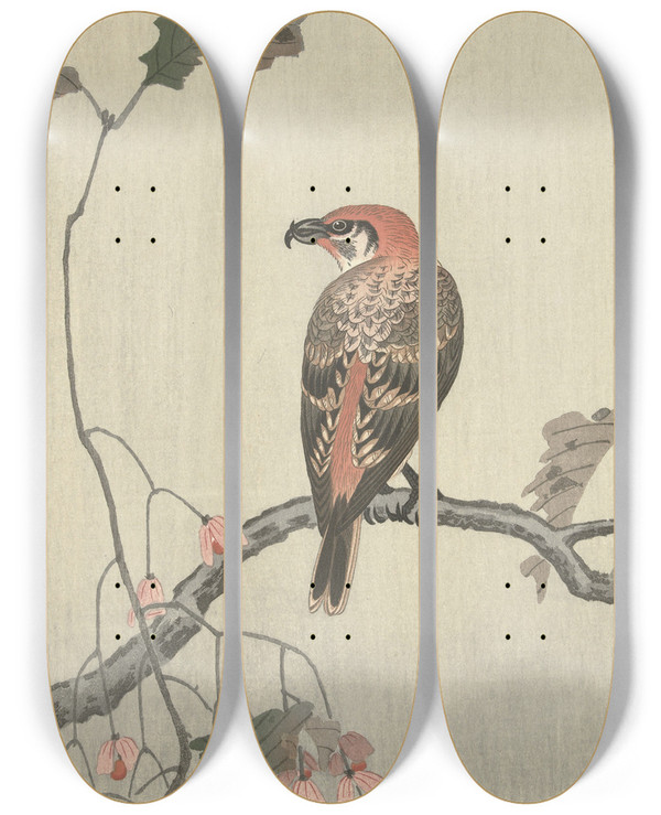 Triptych art skateboard deck of Ohara Koson Crossbill On Tree Branch by Ohara Koson (1877-1945)