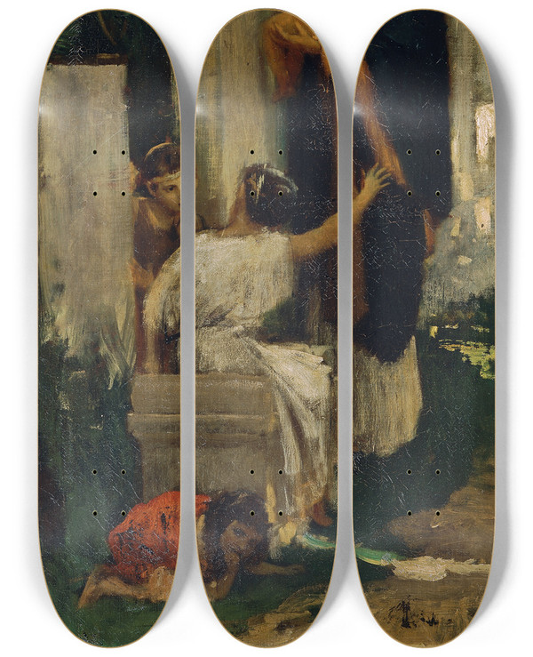 Triptych art skateboard deck of Adolf Hirmyhirschl Antike Friedhofsszene Frau Mit Kindern Eine Grabstelle Schmckend by Adolf Hiremy Hirschl (1860-1933)